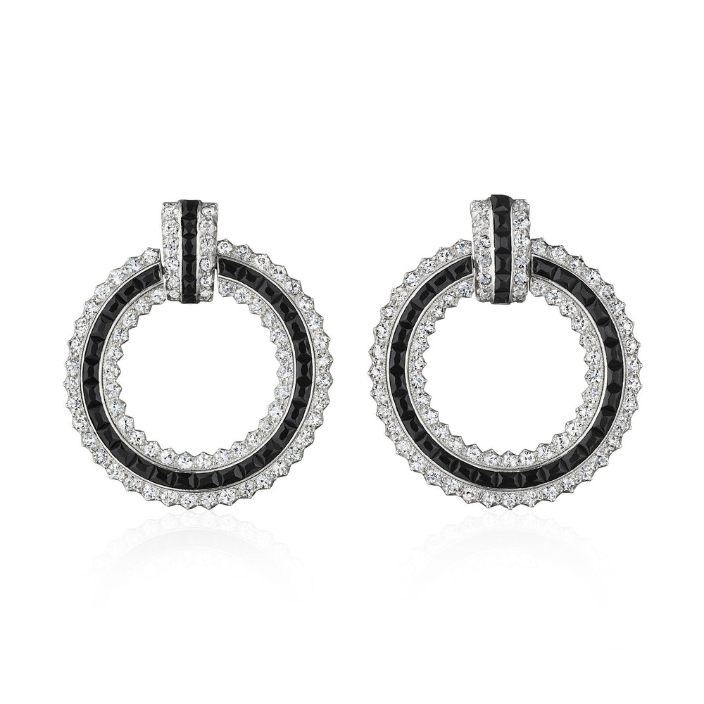 Macklowe Gallery Cartier Attributed Art Deco Onyx and Diamond Hoop Earrings
