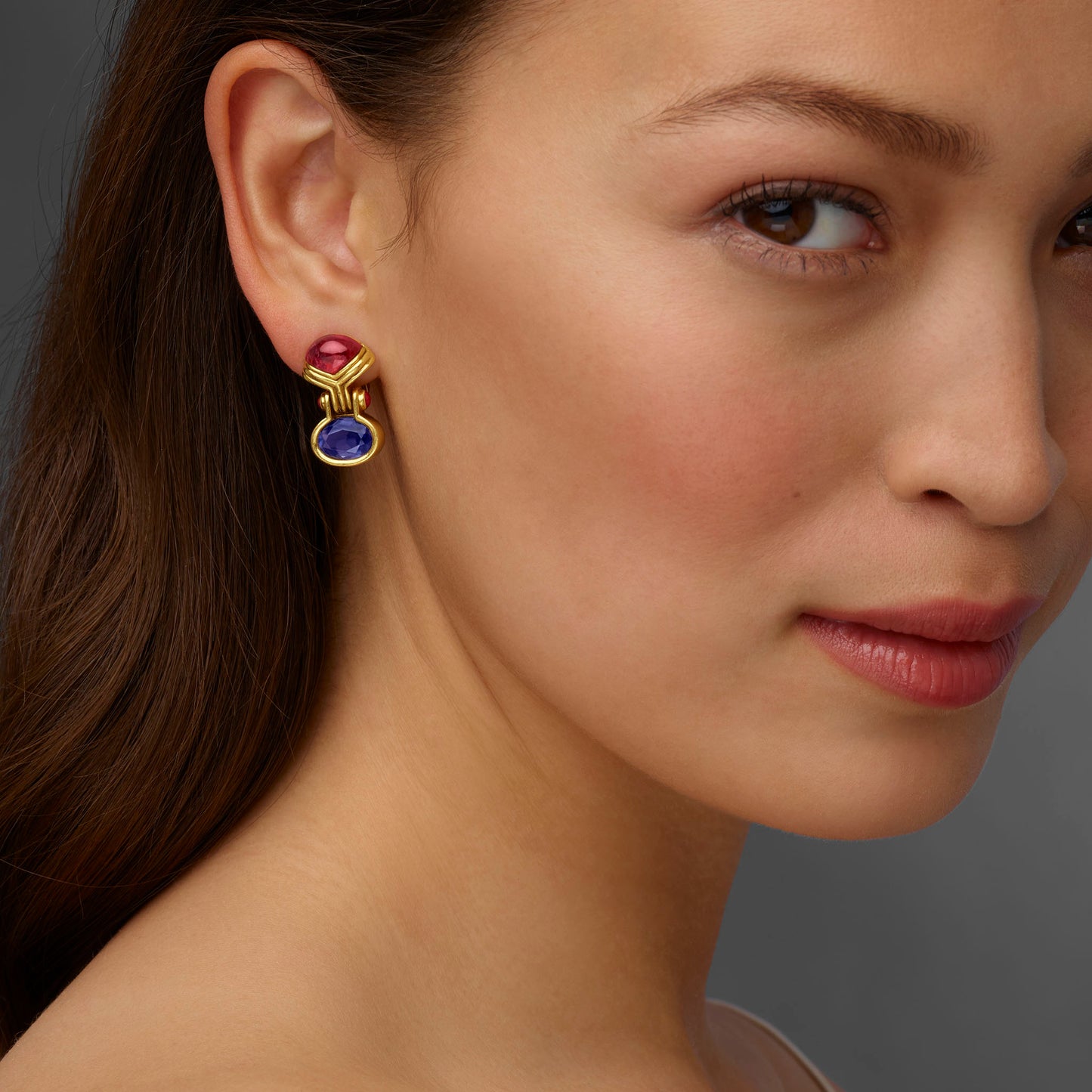 Macklowe Gallery Bulgari Pink Tourmaline, Iolite and Ruby Earrings
