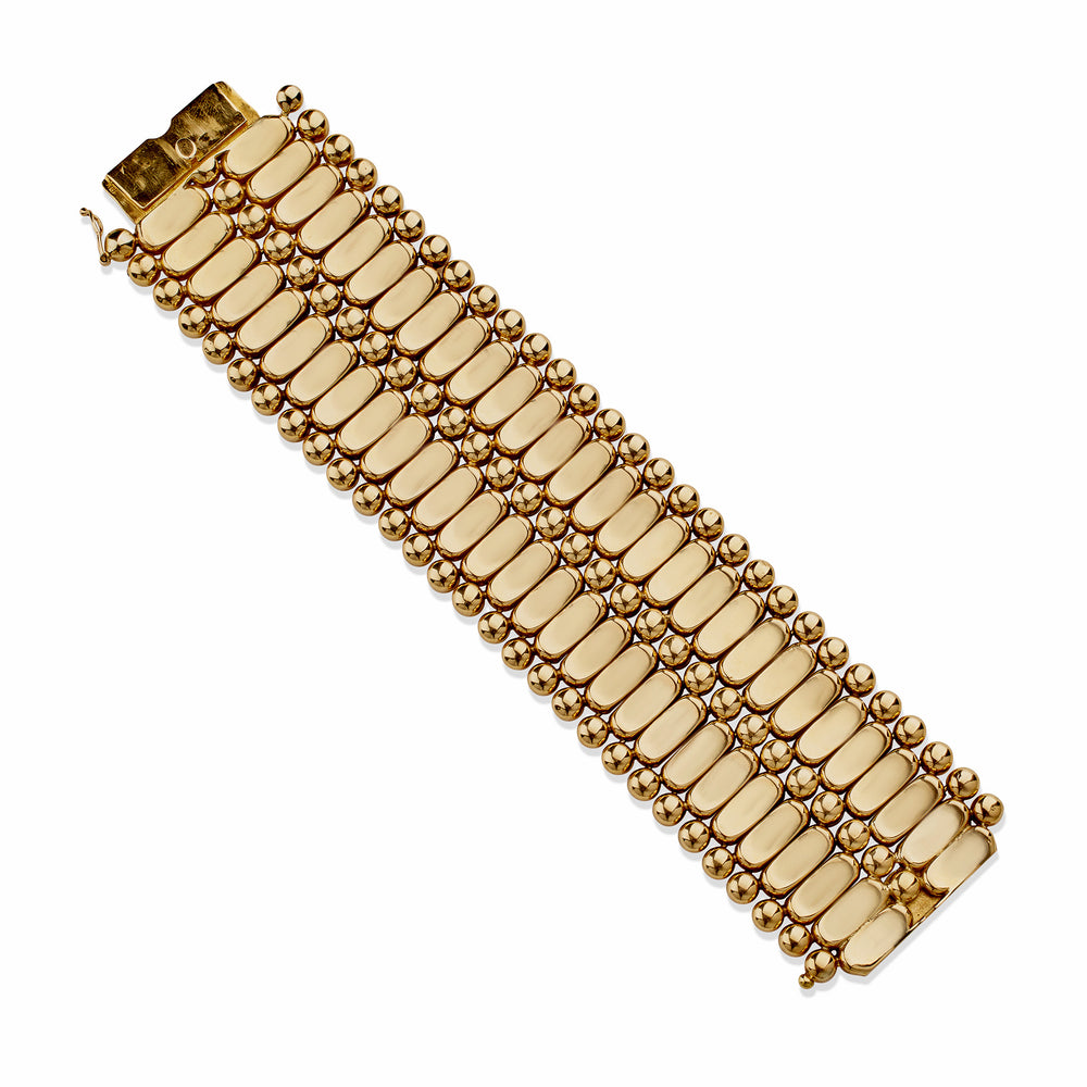 
                      
                        Macklowe Gallery Wide Retro Fancy Link 18K Gold Strap Bracelet
                      
                    