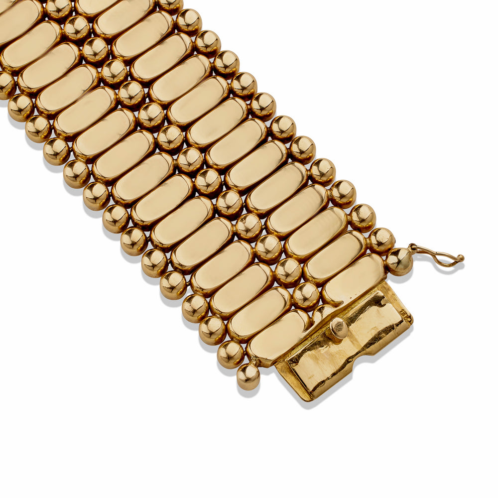 
                      
                        Macklowe Gallery Wide Retro Fancy Link 18K Gold Strap Bracelet
                      
                    