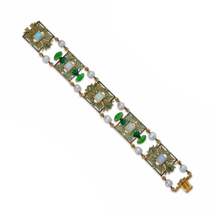 Macklowe Gallery René Lalique Art Nouveau Plique-à-jour Enamel, Opal and Pearl "Thistle of Lorraine" Bracelet