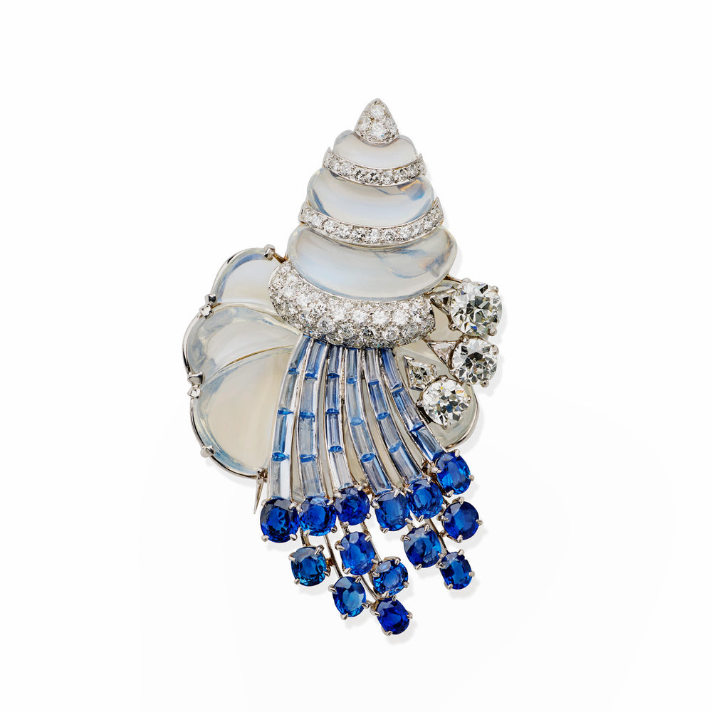 Macklowe Gallery Marcus & Co. Mid-Century Sapphire and Moonstone Brooch