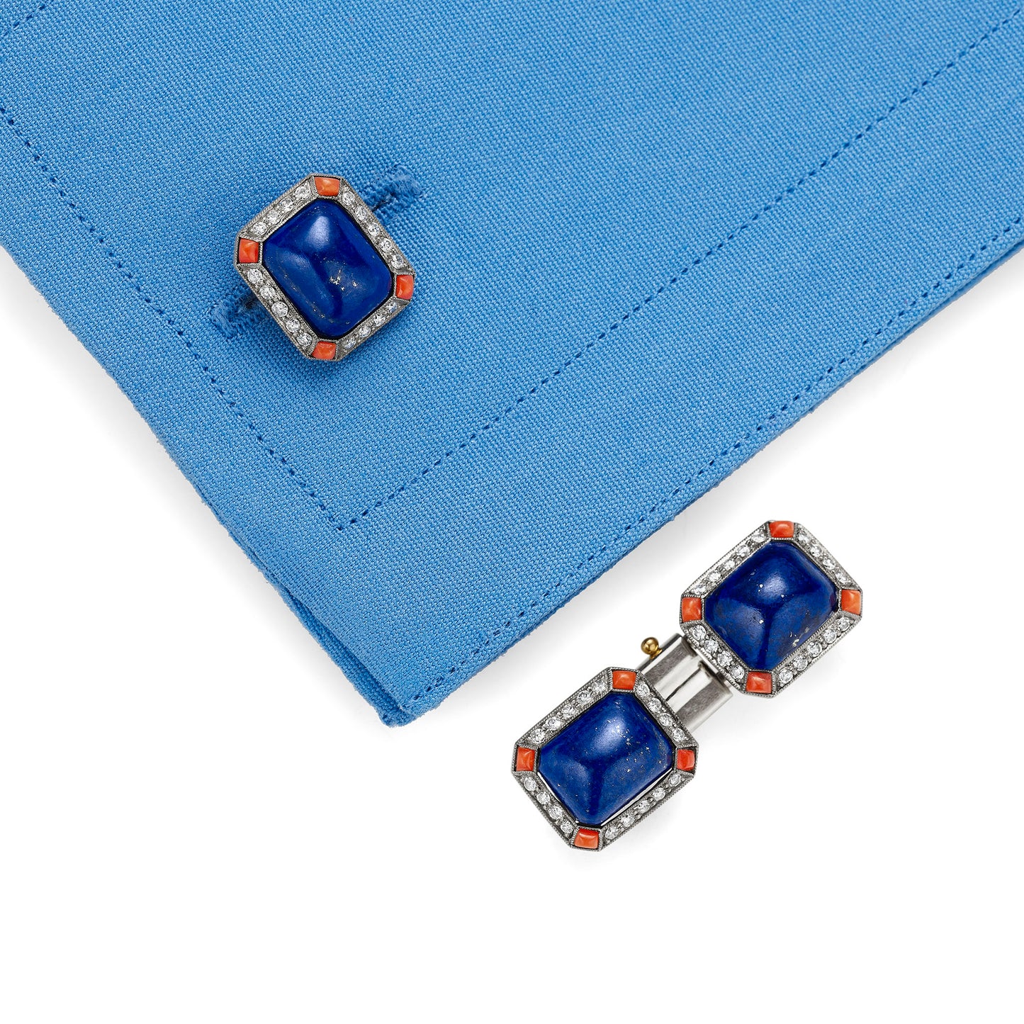 Macklowe Gallery French Art Deco Lapis, Coral and Diamond Cuff Links