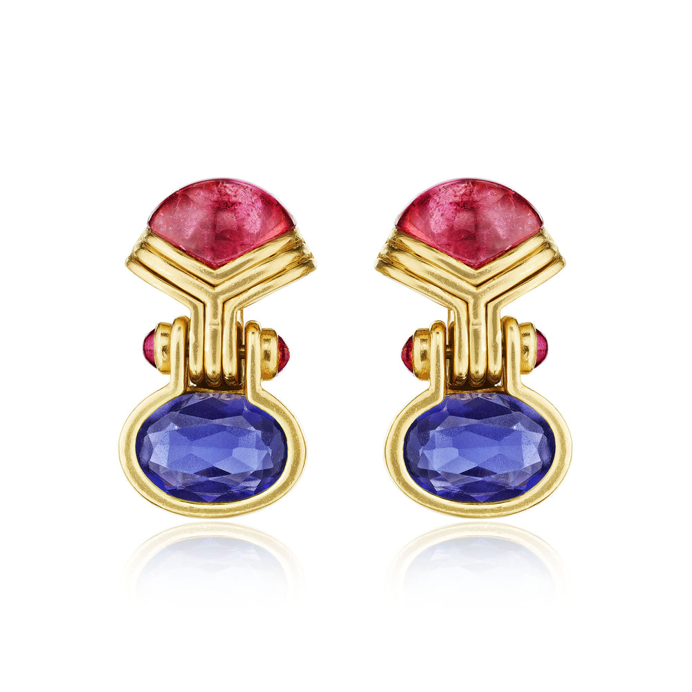 Macklowe Gallery Bulgari Pink Tourmaline, Iolite and Ruby Earrings