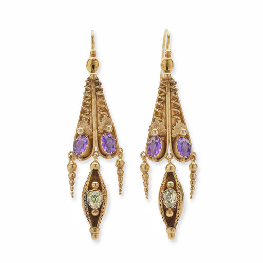 Macklowe Gallery English 15k Gold Amethyst and Green Chrosberyl Pendant Earrings