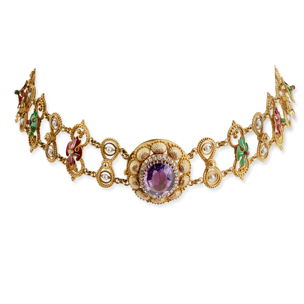 
                      
                        Macklowe Gallery Amethyst and Basse-Taille Enamel Gold Plaque Necklace
                      
                    