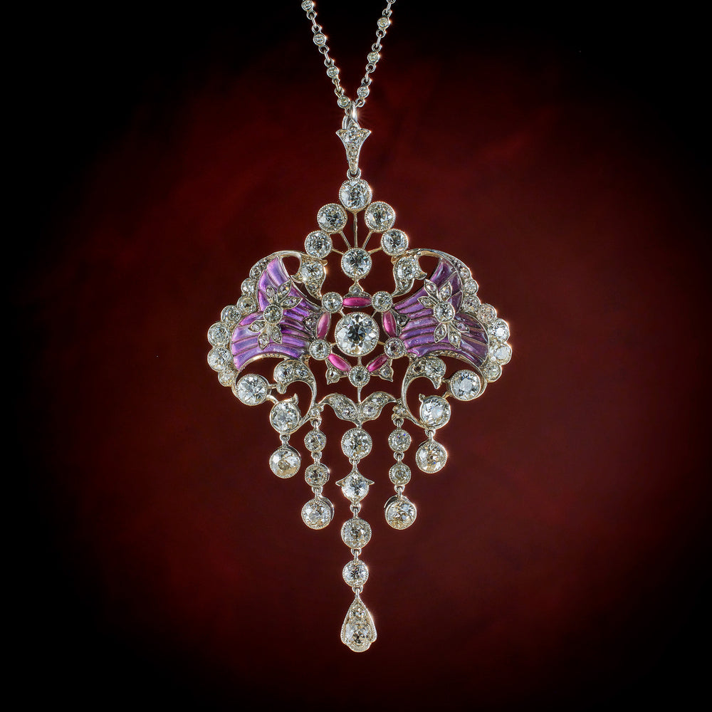 
                      
                        Macklowe Gallery Edwardian Diamond and Plique-à-jour Enamel Pendant Necklace
                      
                    