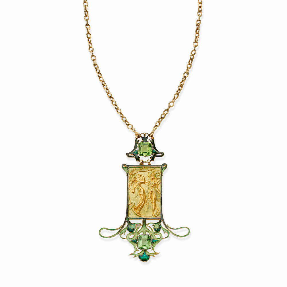 
                      
                        Macklowe Gallery René Lalique 18K Gold Peridot and Enamel Pendant Dancing Figures Pendant Necklace
                      
                    