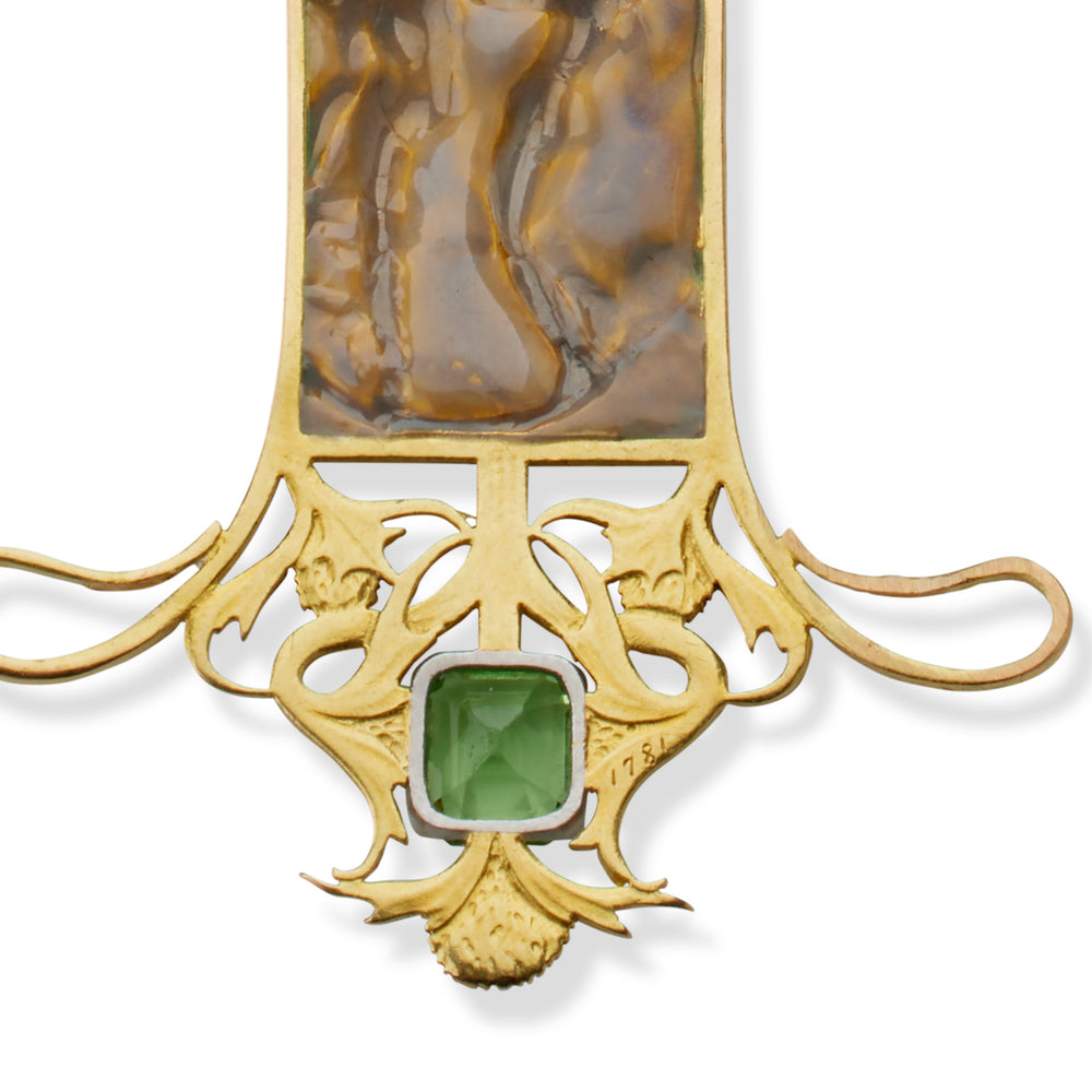 
                      
                        Macklowe Gallery René Lalique 18K Gold Peridot and Enamel Pendant Dancing Figures Pendant Necklace
                      
                    