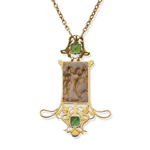 Macklowe Gallery René Lalique 18K Gold Peridot and Enamel Pendant Dancing Figures Pendant Necklace