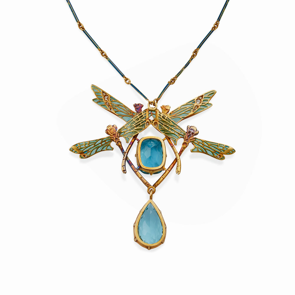 Macklowe Gallery René Lalique Art Nouveau Plique-à-jour Enamel and Aquamarine "Four Dragonflies" Pendant Necklace