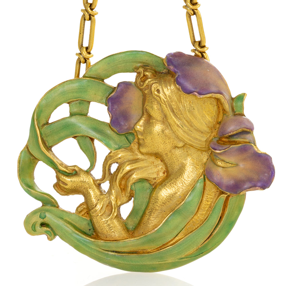 
                      
                        Macklowe Gallery André Rambour "Femme-Fleur" Enamel Gold Pendant
                      
                    