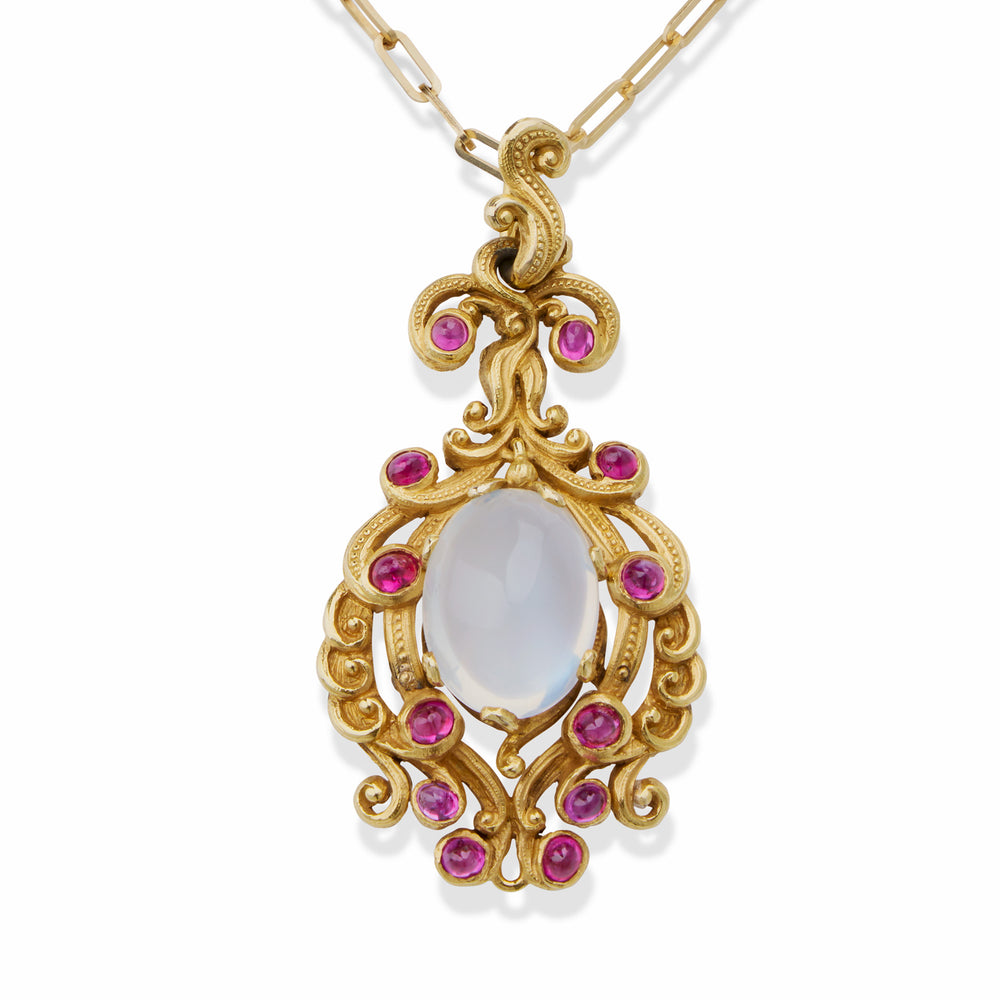 
                      
                        Macklowe Gallery Moonstone and Ruby Gold Pendant Necklace
                      
                    