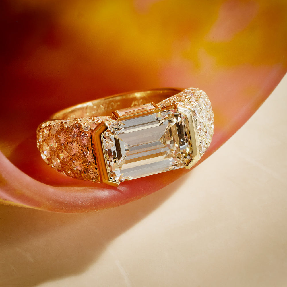 
                      
                        Macklowe Gallery Cartier Monture Paris 4.93 Carats Emerald-cut Diamond Bombé Ring
                      
                    