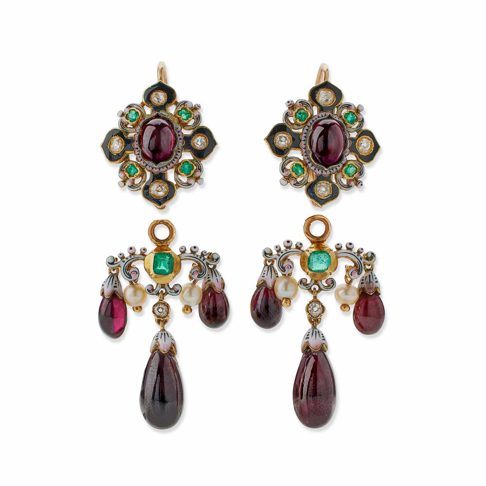 
                      
                        Macklowe Gallery French Renaissance Revival "Holbeinesque" Garnet, Diamond and Enamel Day/Night Girandole Pendant Earrings and Brooch
                      
                    