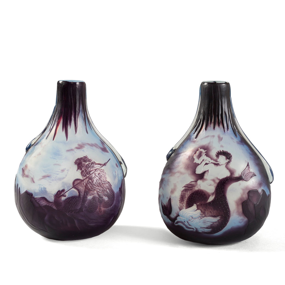 Macklowe Gallery Louis Damon pair of "Vase of Triton" & "Vase of Saint George Slaying the Dragon," Cameo Glass Vases