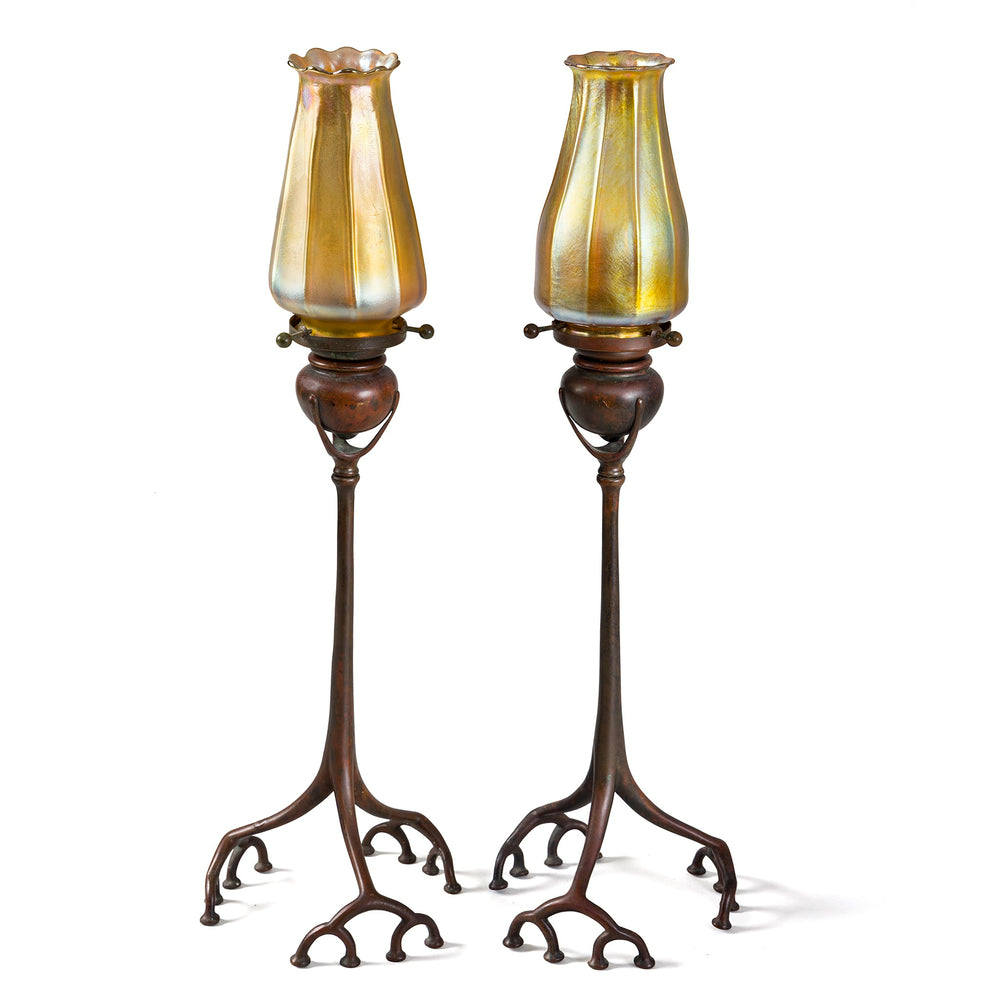 Macklowe Gallery Tiffany Studios New York Pair of "Root" Candlesticks with Favrile Glass Shades