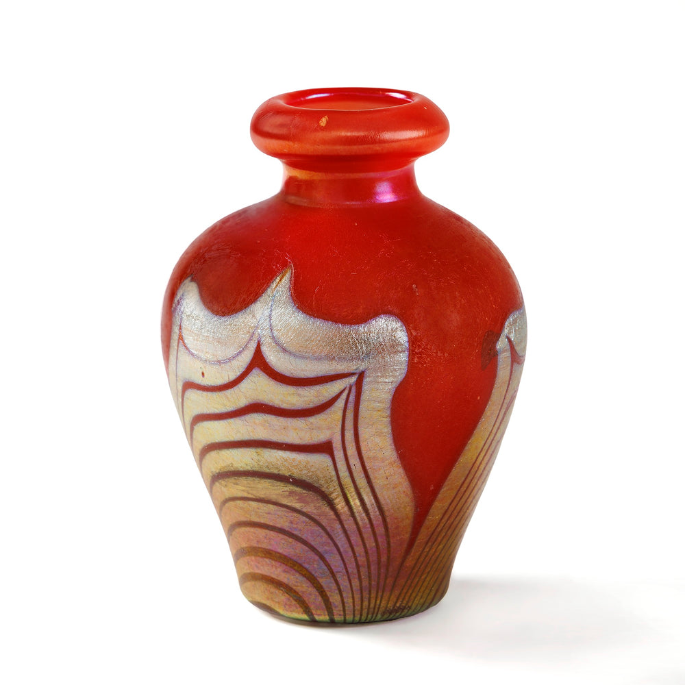 
                      
                        Macklowe Gallery Tiffany Studios New York "Red Hooked Feather" Favrile Glass Vase
                      
                    