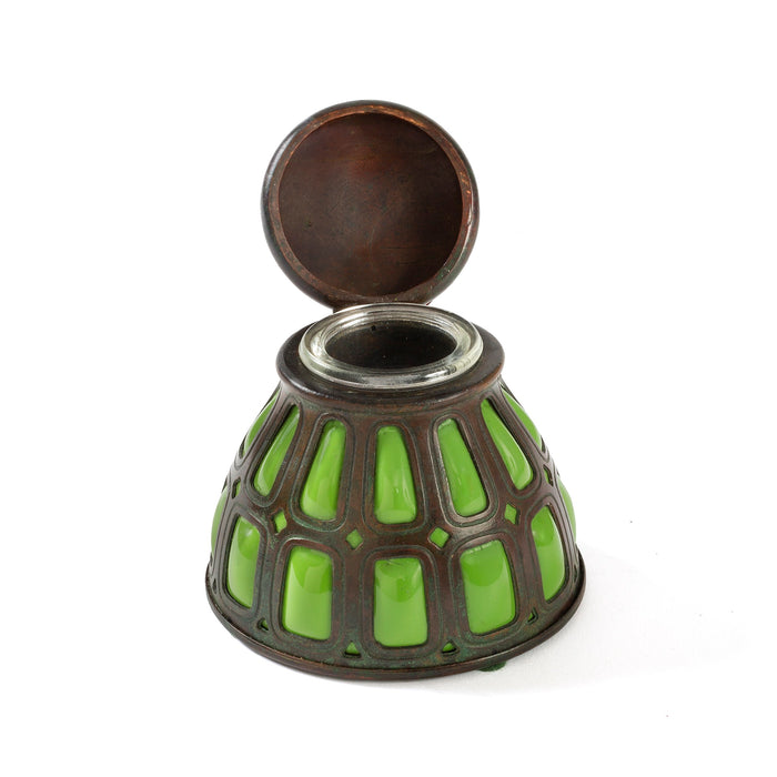 Macklowe Gallery Tiffany Studios New York Bronze and Green Glass Inkwell