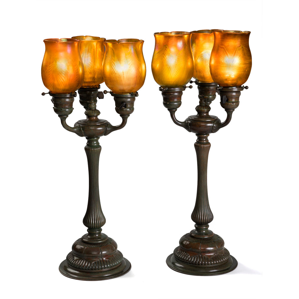 Macklowe Gallery Tiffany Studios New York Pair of Three Light Table lamps