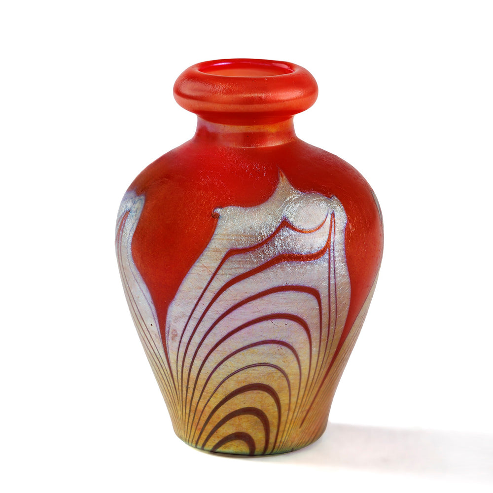 
                      
                        Macklowe Gallery Tiffany Studios New York "Red Hooked Feather" Favrile Glass Vase
                      
                    