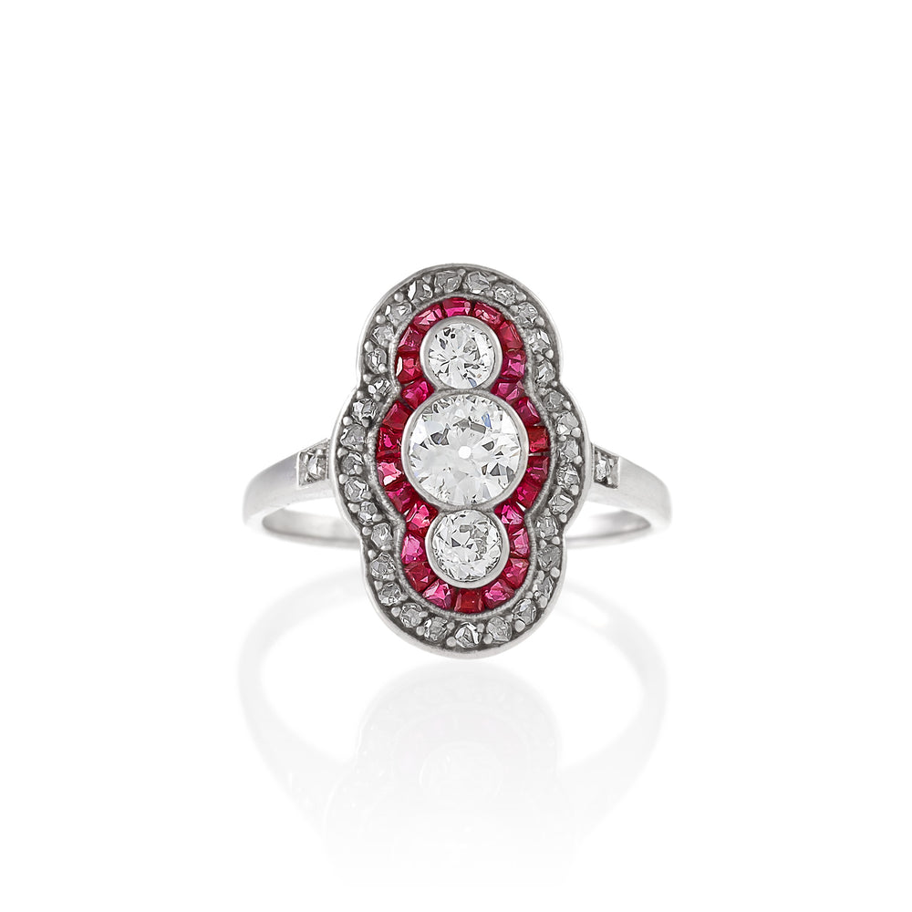 Macklowe Gallery Ruby and Three-Stone Diamond Shield Ring