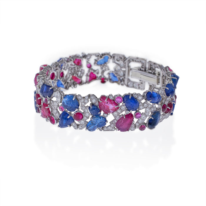 Macklowe Gallery Carved Ruby, Sapphire and Diamond Tutti Frutti Strap Bracelet