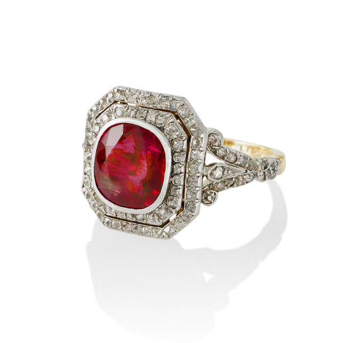 Macklowe Gallery Burma SSEF No-Heat Ruby and Old Mine-cut Diamond Ring