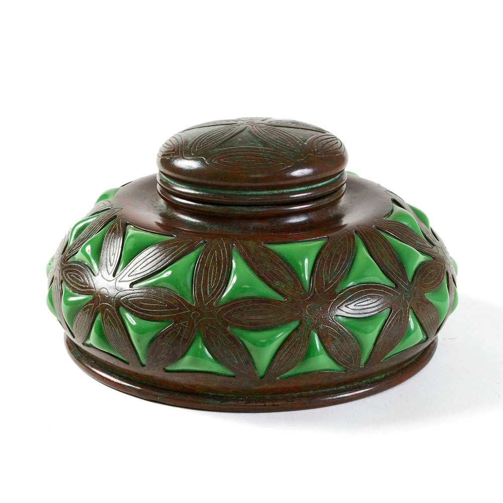 Macklowe Gallery Tiffany Studios New York Bronze and Green Glass Inkwell