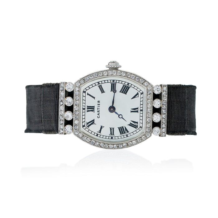 Macklowe Gallery Cartier Paris “Tortue” Diamond and Grosgrain Wristwatch